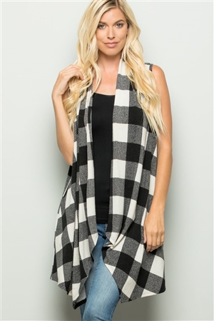 S35-1-1-HM-SJ1003-20-BKIV - PLAID PRINT VEST OPEN CARDIGAN WITH SIDE POCKET- BLACK IVORY 2-2-2