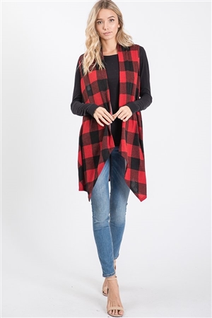 S35-1-1-HM-SJ1003-20-BKRD - PLAID PRINT VEST OPEN CARDIGAN WITH SIDE POCKET- BLACK RED 2-2-2