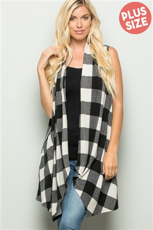 S35-1-1-HM-SJ1003-20X-BKIV - PLUS SIZE PLAID PRINT VEST OPEN CARDIGAN WITH SIDE POCKET- BLACK IVORY 2-2-2