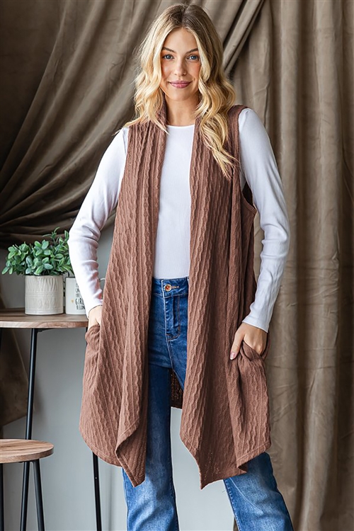 HM-SJ1003-46-CML-SLEEVELESS SOLID KNIT OPEN CARDIGAN WITH SIDE POCKET AND ASYMMETRICAL HEM DETAIL-CAMEL-2-2-2