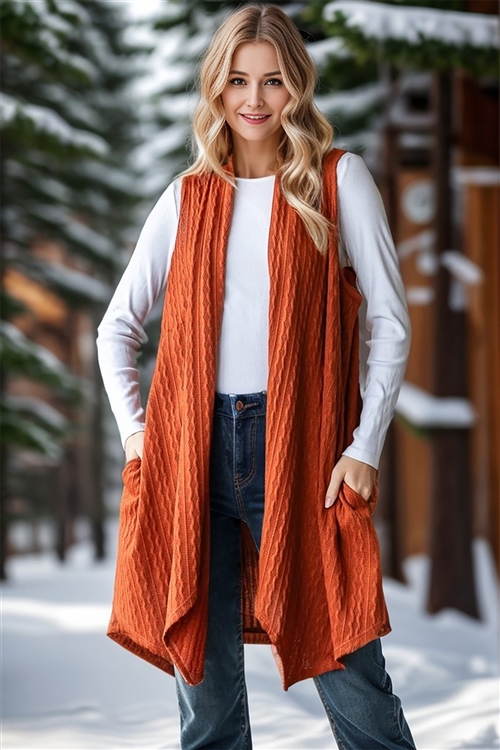 HM-SJ1003-46X-RU-PLUS SIZE SLEEVELESS SOLID KNIT OPEN CARDIGAN WITH SIDE POCKET-RUST-2-2-2
