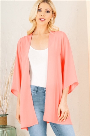 S35-1-1-HM-SJ1014S-NCO - THREE QUARTER SLEEVE SOLID OPEN CARDIGAN- NEON CORAL 2-2-2