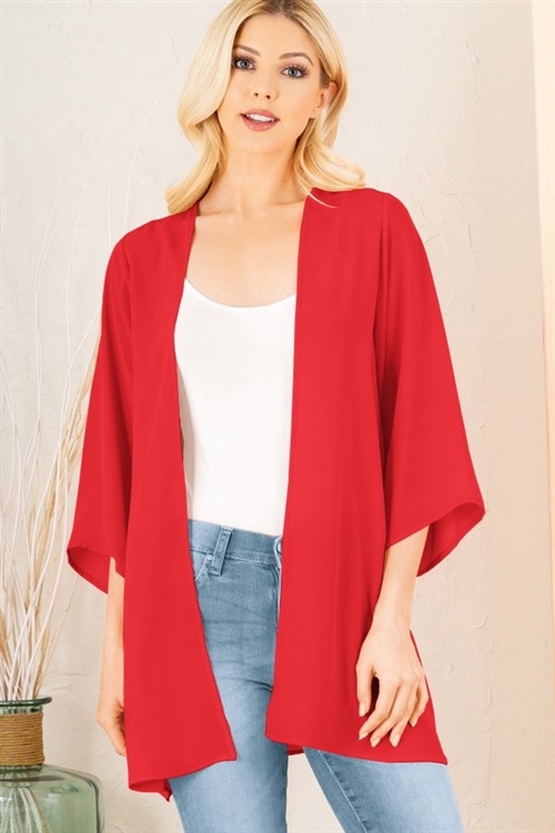 S35-1-1-HM-SJ1014S-RD - THREE QUARTER SLEEVE SOLID OPEN CARDIGAN- RED 2-2-2