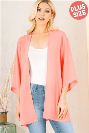 S35-1-1-HM-SJ1014SX-NCO - PLUS SIZE THREE QUARTER SLEEVE SOLID OPEN CARDIGAN- NEON CORAL 2-2-2