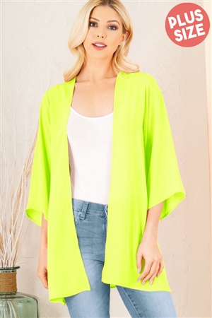 S35-1-1-HM-SJ1014SX-NLM - PLUS SIZE THREE QUARTER SLEEVE SOLID OPEN CARDIGAN- NEON LIME 2-2-2