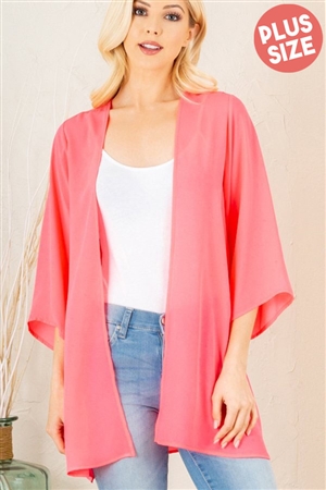 S35-1-1-HM-SJ1014SX-NPK - PLUS SIZE THREE QUARTER SLEEVE SOLID OPEN CARDIGAN- NEON PINK 2-2-2