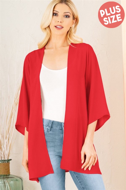 S35-1-1-HM-SJ1014SX-RD - PLUS SIZE THREE QUARTER SLEEVE SOLID OPEN CARDIGAN- RED 2-2-2