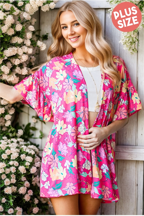 S35-1-1-HM-SJ1018-41X-FCH - PLUS SIZE RUFFLED SHORT SLEEVE FLORAL PRINT OPEN CARDIGAN- FUCHSIA 2-2-2