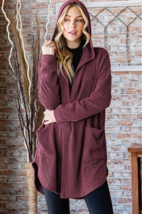 HM-SJ1032-22-BU-LONG SLEEVE SOLID URBAN RIBBED HOODIE OPEN CARDIGAN WITH SIDE POCKET AND SLIT DETAIL-BURGUNDY-2-2-2