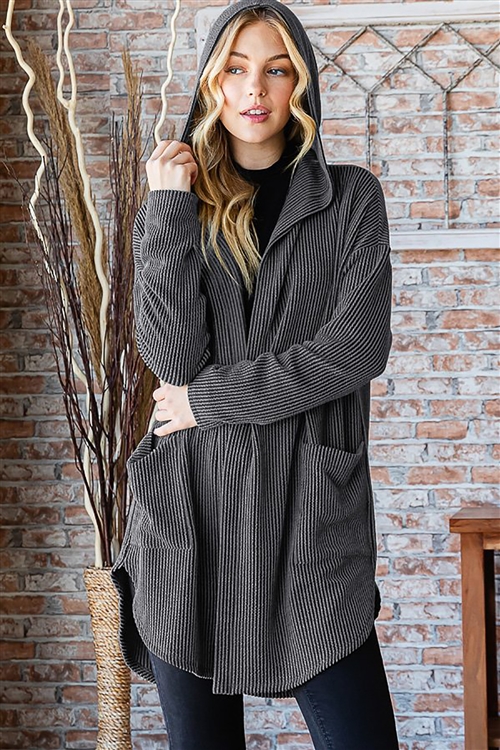 HM-SJ1032-22-CH-LONG SLEEVE SOLID URBAN RIBBED HOODIE OPEN CARDIGAN WITH SIDE POCKET AND SLIT DETAIL-CHARCOAL-2-2-2