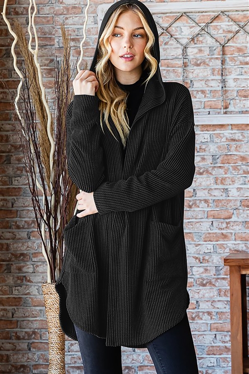 HM-SJ1032-22X-BK-PLUS SIZE LONG SLEEVE SOLID URBAN RIBBED HOODIE OPEN CARDIGAN WITH SIDE POCKET-BLACK-2-2-2