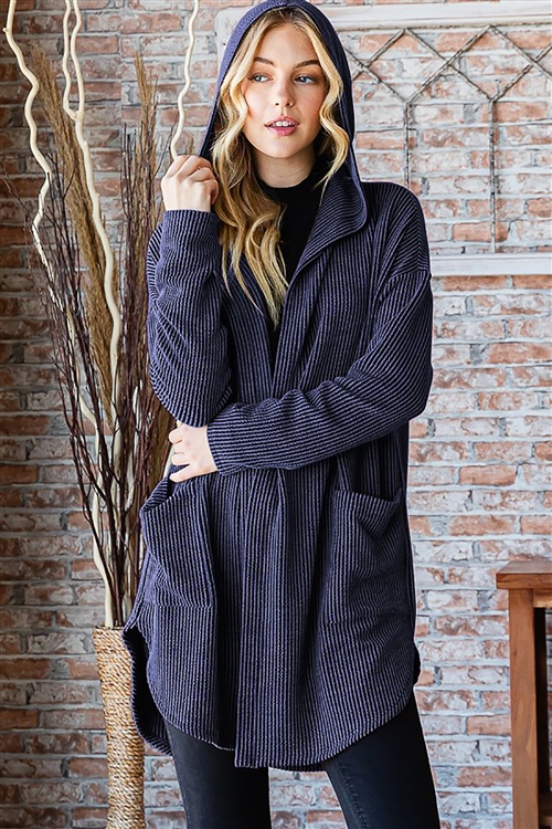 HM-SJ1032-22X-NV-PLUS SIZE LONG SLEEVE SOLID URBAN RIBBED HOODIE OPEN CARDIGAN WITH SIDE POCKET-NAVY-2-2-2