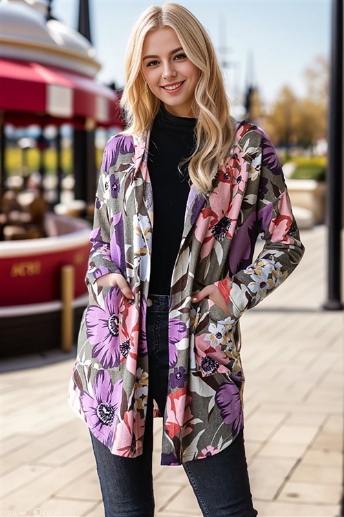 HM-SJ1032-28-OVMLT-LONG SLEEVE FLORAL PRINT HOODIE OPEN CARDIGAN WITH SIDE POCKET AND SLIT DETAIL-OLIVE MULTI-2-2-2