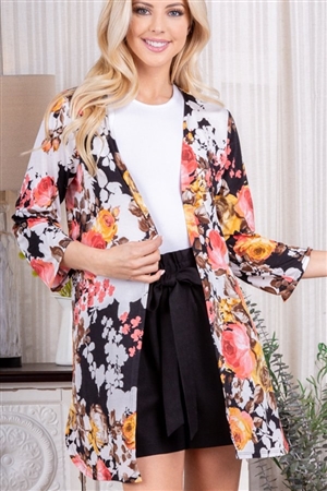 S35-1-1-HM-SJ1063-30-BK - MULTI COLOR FLORAL PRINT OPEN CARDIGAN- BLACK 2-2-2