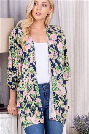 S35-1-1-HM-SJ1064-48-NVMLT - THREE QUARTER SLEEVE FLORAL PRINT OPEN CARDIGAN- NAVY MULTI 2-2-2