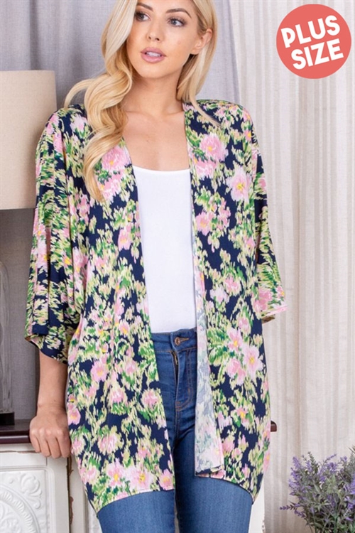 S35-1-1-HM-SJ1064-48X-NVMLT - PLUS SIZE THREE QUARTER SLEEVE FLORAL PRINT OPEN CARDIGAN- NAVY MULTI 2-2-2