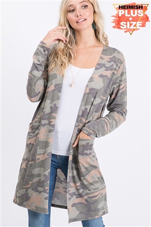 S35-1-1-HM-SJ1072-11X-OVCM - PLUS SIZE LONG SLEEVE CAMO PRINT OPEN CARDIGAN- OLIVE CAMO 2-2-2