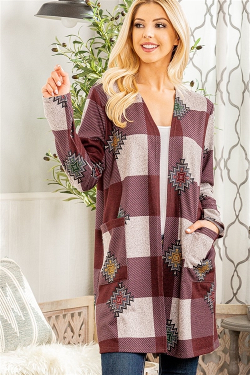 S35-1-1-HM-SJ1072-35-BU - LONG SLEEVE PLAID AND MEDALLION PRINT OPEN CARDIGAN- BURGUNDY 2-2-2