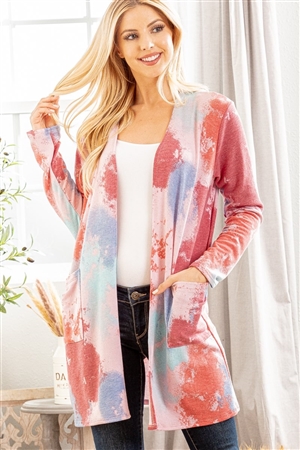 S35-1-1-HM-SJ1072-38-MVMLT - LONG SLEEVE MULTI COLOR TIE DYE PRINT OPEN CARDIGAN- MAUVE MULTI 2-2-2