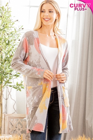 S35-1-1-HM-SJ1072-38X-CHMLT - PLUS SIZELONG SLEEVE MULTI COLOR TIE DYE PRINT OPEN CARDIGAN- CHARCOAL/MULTI 2-2-2