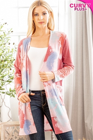 S35-1-1-HM-SJ1072-38X-MVMLT - PLUS SIZELONG SLEEVE MULTI COLOR TIE DYE PRINT OPEN CARDIGAN- MAUVE MULTI 2-2-2