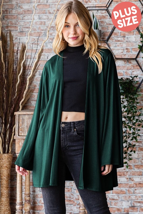 S35-1-1-HM-SJ1209SX-HTGN - PLUS SIZE LONG SLEEVE SOLID OPEN CARDIGAN- HUNTER GREEN 2-2-2