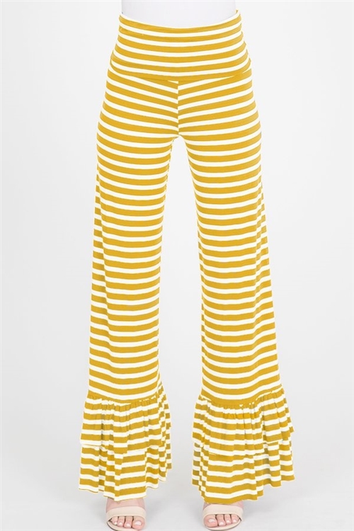 S35-1-1-HM-SP1003-11-MUIV - FOLD OVER WIDE LEG STRIPE PRINT PANTS WITH RUFFLED- MUSTARD/IVORY 2-2-2