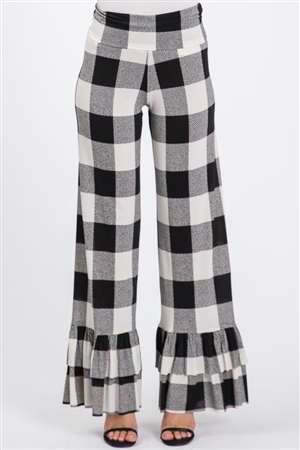 S35-1-1-HM-SP1003-15-BKIV - FOLD OVER WIDE LEG PLAID PRINT PANTS WITH RUFFLED- BLACK IVORY 2-2-2