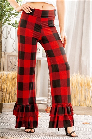 S35-1-1-HM-SP1003-15-BKRD - FOLD OVER WIDE LEG PLAID PRINT PANTS WITH RUFFLED- BLACK RED 2-2-2