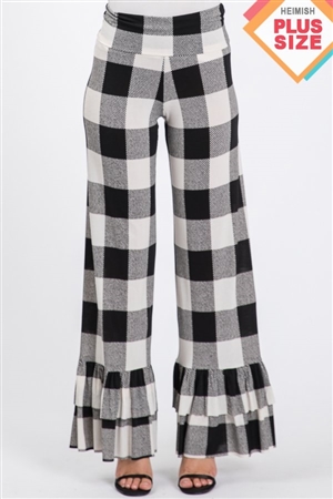 S35-1-1-HM-SP1003-15X-BKIV - PLUS SIZE FOLD OVER WIDE LEG PLAID PRINT PANTS WITH RUFFLED- BLACK IVORY 2-2-2