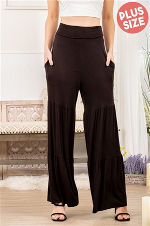 S35-1-1-HM-SP1016-12X-BK - PLUS SIZE RUFFLED FOLD OVER WIDE LEG SOLID HIGH WAIST PANTS- BLACK 2-2-2