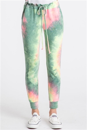 S35-1-1-HM-SP1017-19-GNFCH - MULTI COLOR TIE DYE PRINT JOGGER CASUAL PANTS- GREEN FUCHSIA 2-2-2