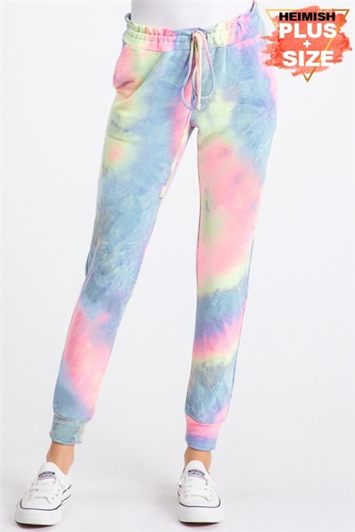 S35-1-1-HM-SP1017-19X-FCHBL - PLUS SIZE MULTI COLOR TIE DYE PRINT JOGGER CASUAL PANTS- FUCHSIA/BLUE 2-2-2