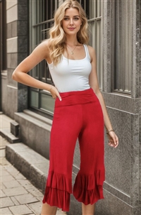 S35-1-1-HM-SP1020S-RD - SOLID CROPPED PANTS WITH RUFFLED DETAIL- RED 2-2-2