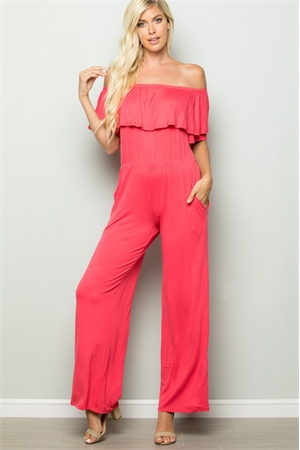 S35-1-1-HM-SP1021S-CO - RUFFLED OFF SHOULDER SOLID JUMPSUIT WITH SIDE POCKET- CORAL 2-2-2