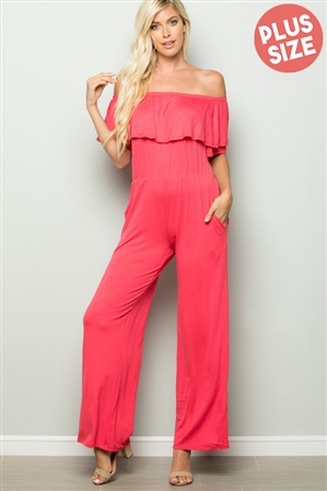 S35-1-1-HM-SP1021SX-CO - PLUS SIZE RUFFLED OFF SHOULDER SOLID JUMPSUIT WITH SIDE POCKET- CORAL 2-2-2
