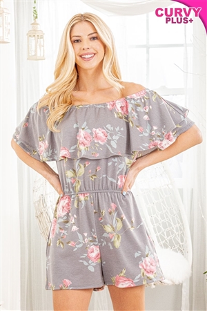 S35-1-1-HM-SP1022-15X-GY - PLUS SIZE FLORAL PRINT ROMPER WITH SIDE POCKET- GRAY 2-2-2