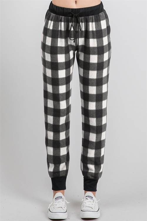 S35-1-1-HM-SP1052-27-BKIV - PLAID PRINT AND SOLID CONTRAST JOGGER CASUAL PANTS- BLACK IVORY 2-2-2