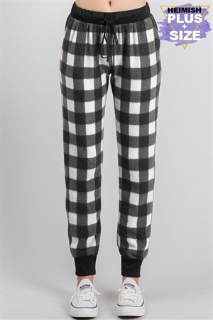 S35-1-1-HM-SP1052-27X-BKIV - PLUS SIZE PLAID PRINT AND SOLID CONTRAST JOGGER CASUAL PANTS- BLACK IVORY 2-2-2