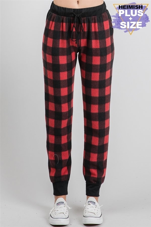 S35-1-1-HM-SP1052-27X-BKRD - PLUS SIZE PLAID PRINT AND SOLID CONTRAST JOGGER CASUAL PANTS- BLACK RED 2-2-2