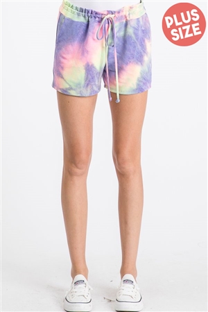 S35-1-1-HM-SP1079-11X-PULM - PLUS SIZE MULTI COLOR TIE DYE PRINT CASUAL SHORT PANTS- PURPLE/LIME 2-2-2