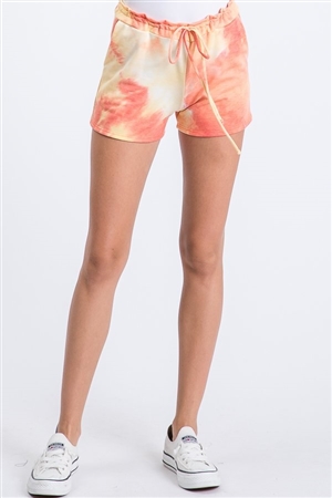 S35-1-1-HM-SP1079-16-COYLW - TIE DYE PRINT CASUAL SHORT PANTS WITH WAIST BAND- CORAL/YELLOW 2-2-2