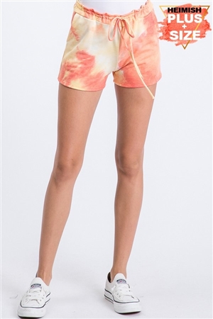 S35-1-1-HM-SP1079-16X-COYLW - PLUS SIZE TIE DYE PRINT CASUAL SHORT PANTS WITH WAIST BAND- CORAL/YELLOW 2-2-2