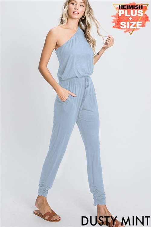 S35-1-1-HM-SP1097-10X-DMN - PLUS SIZE ONE SHOULDER SOLID JUMPSUIT WITH WAIST BAND- DUSTY MINT 2-2-2