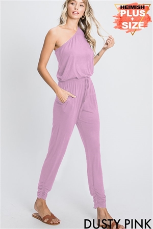S35-1-1-HM-SP1097-10X-DPK - PLUS SIZE ONE SHOULDER SOLID JUMPSUIT WITH WAIST BAND- DUSTY PINK 2-2-2