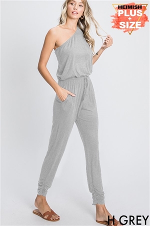 S35-1-1-HM-SP1097-10X-HGY - PLUS SIZE ONE SHOULDER SOLID JUMPSUIT WITH WAIST BAND- HEATHER GREY 2-2-2