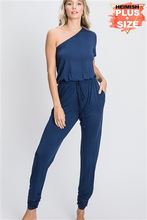 S35-1-1-HM-SP1097-10X-NV - PLUS SIZE ONE SHOULDER SOLID JUMPSUIT WITH WAIST BAND- NAVY 2-2-2