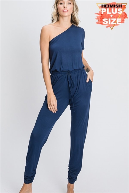 S35-1-1-HM-SP1097-10X-NV - PLUS SIZE ONE SHOULDER SOLID JUMPSUIT WITH WAIST BAND- NAVY 2-2-2