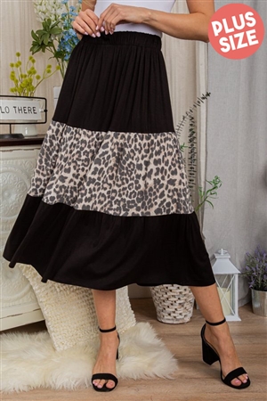 S35-1-1-HM-SS1013-10X-BK - PLUS SIZE ANIMAL LEOPARD PRINT AND SOLID CONTRAST MIDI SKIRT- BLACK 2-2-2