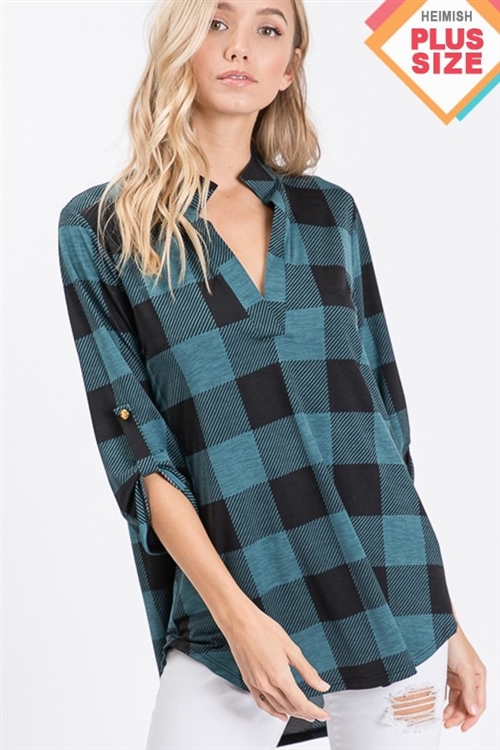 S35-1-1-HM-ST1002-14X-BKTL - PLUS SIZE ROLL UP BUTTON SLEEVE MANDARIN COLLAR PLAID PRINT TOP- BLACK TEAL 2-2-2